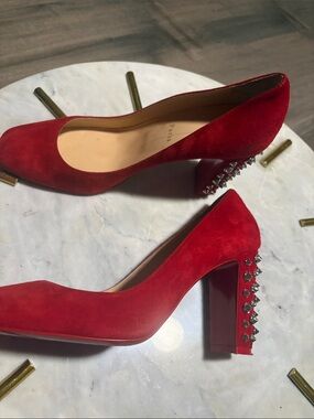 Christian Louboutin Red Suede Studded Block Heel Pumps